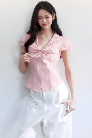 Textured Hollow-Out Tie-Up Blouse Set-Up
