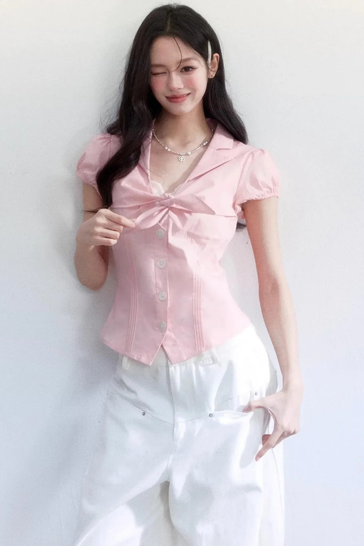 Textured Hollow-Out Tie-Up Blouse Set-Up