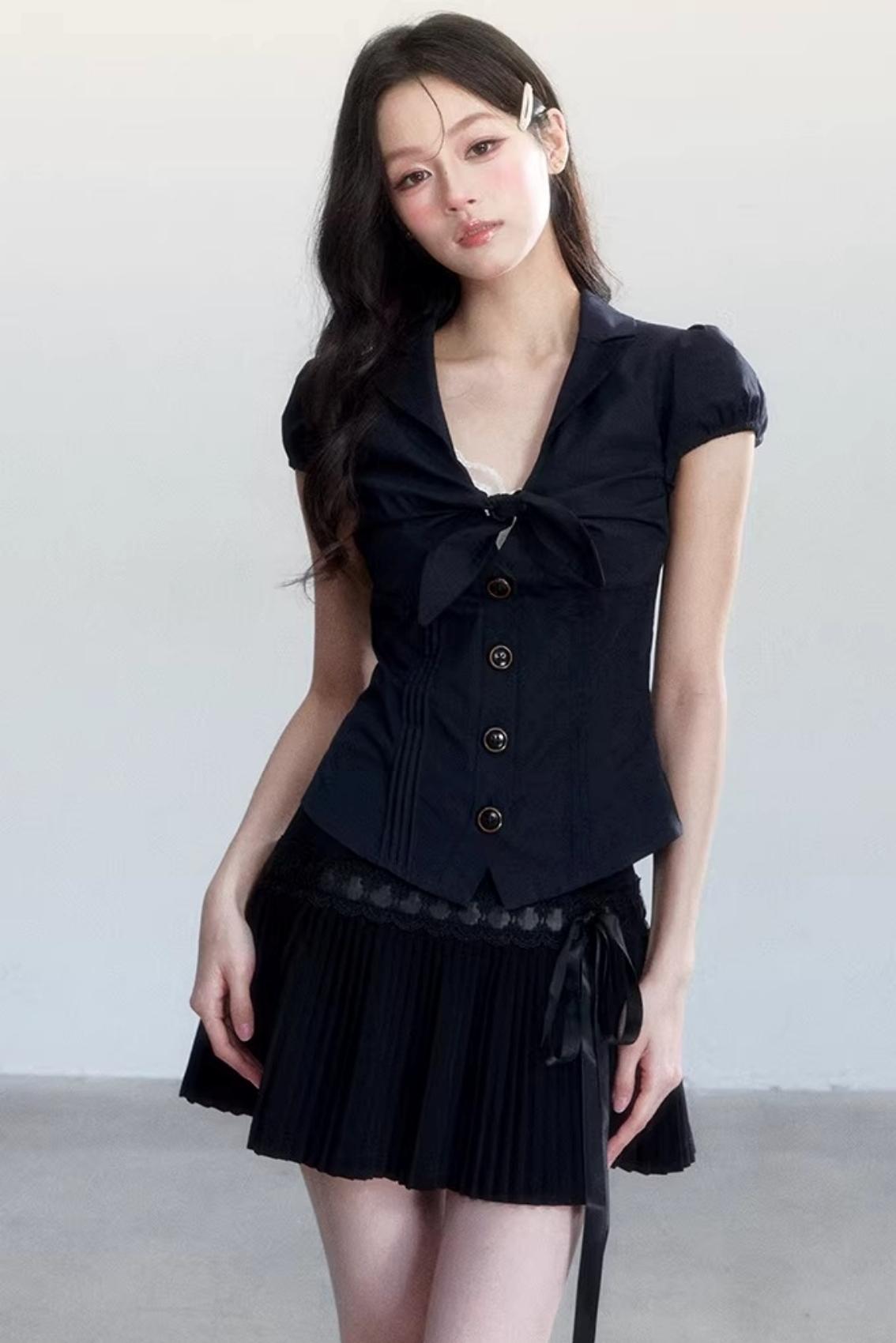 Textured Hollow-Out Tie-Up Blouse Set-Up