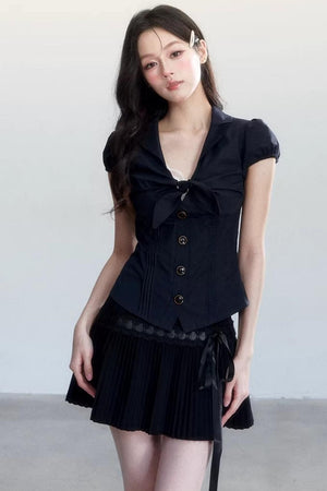 Textured Hollow-Out Tie-Up Blouse Set-Up