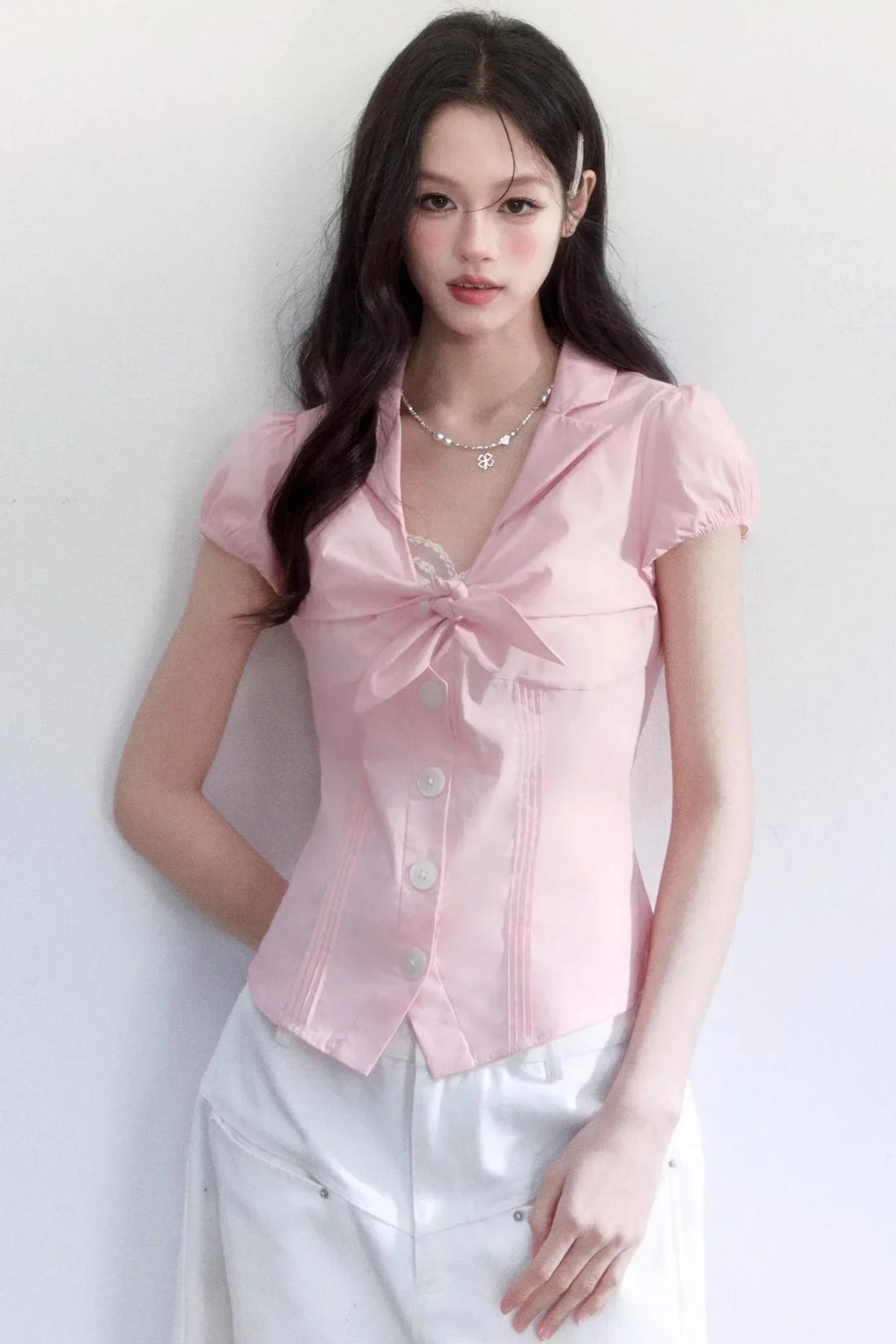 Textured Hollow-Out Tie-Up Blouse Set-Up