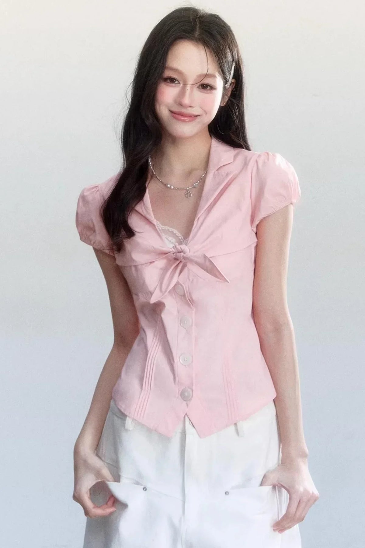 Textured Hollow-Out Tie-Up Blouse Set-Up