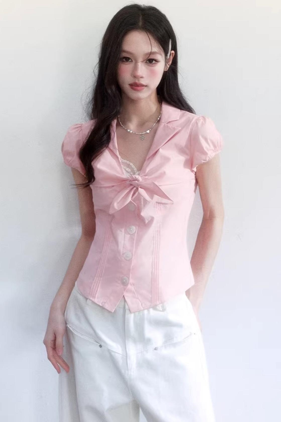 Textured Hollow-Out Tie-Up Blouse Set-Up