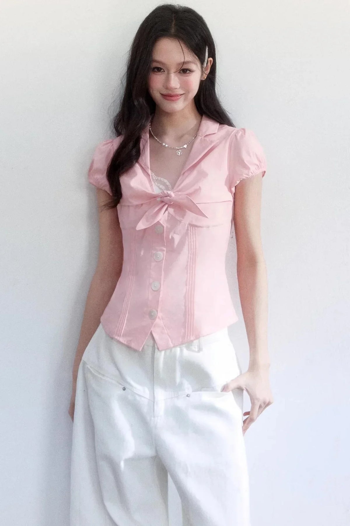Textured Hollow-Out Tie-Up Blouse Set-Up