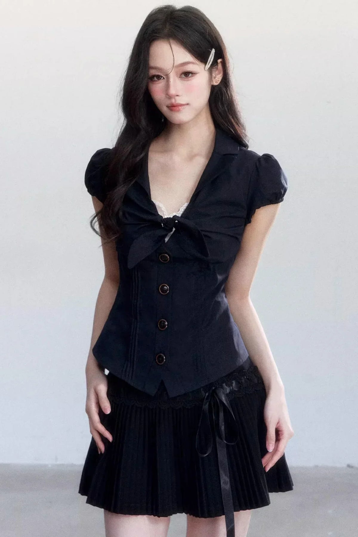 Textured Hollow-Out Tie-Up Blouse Set-Up
