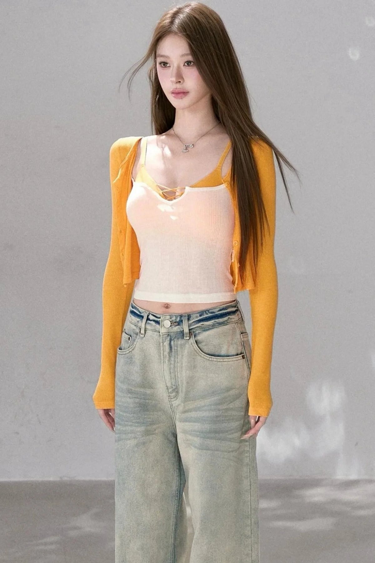 Textured Knit Cardigan Tank Top Three-Piece Set-Up