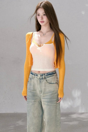 Textured Knit Cardigan Tank Top Three-Piece Set-Up