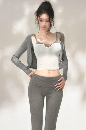 Textured Knit Cardigan Tank Top Three-Piece Set-Up