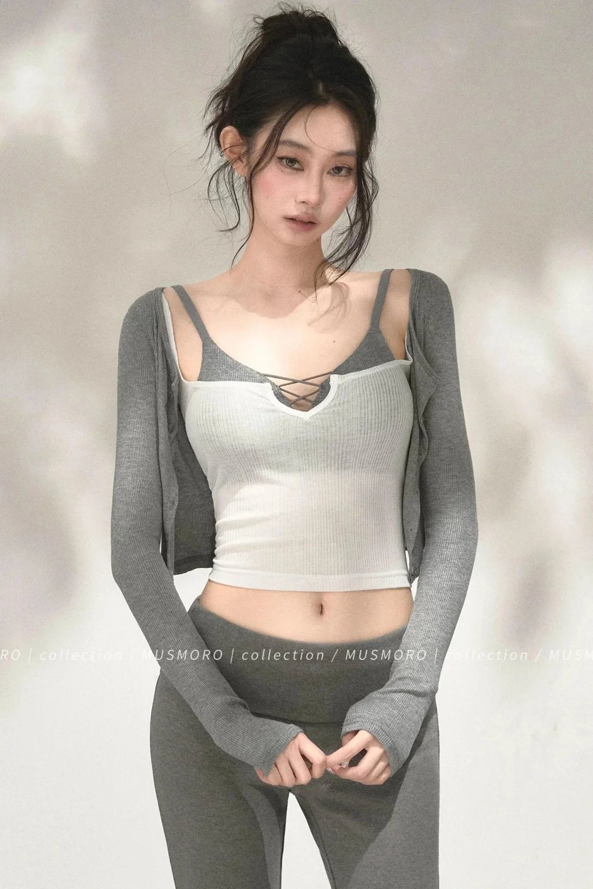 Textured Knit Cardigan Tank Top Three-Piece Set-Up