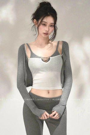 Textured Knit Cardigan Tank Top Three-Piece Set-Up