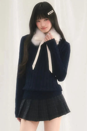 Textured Knit Sweater With Scarf Set