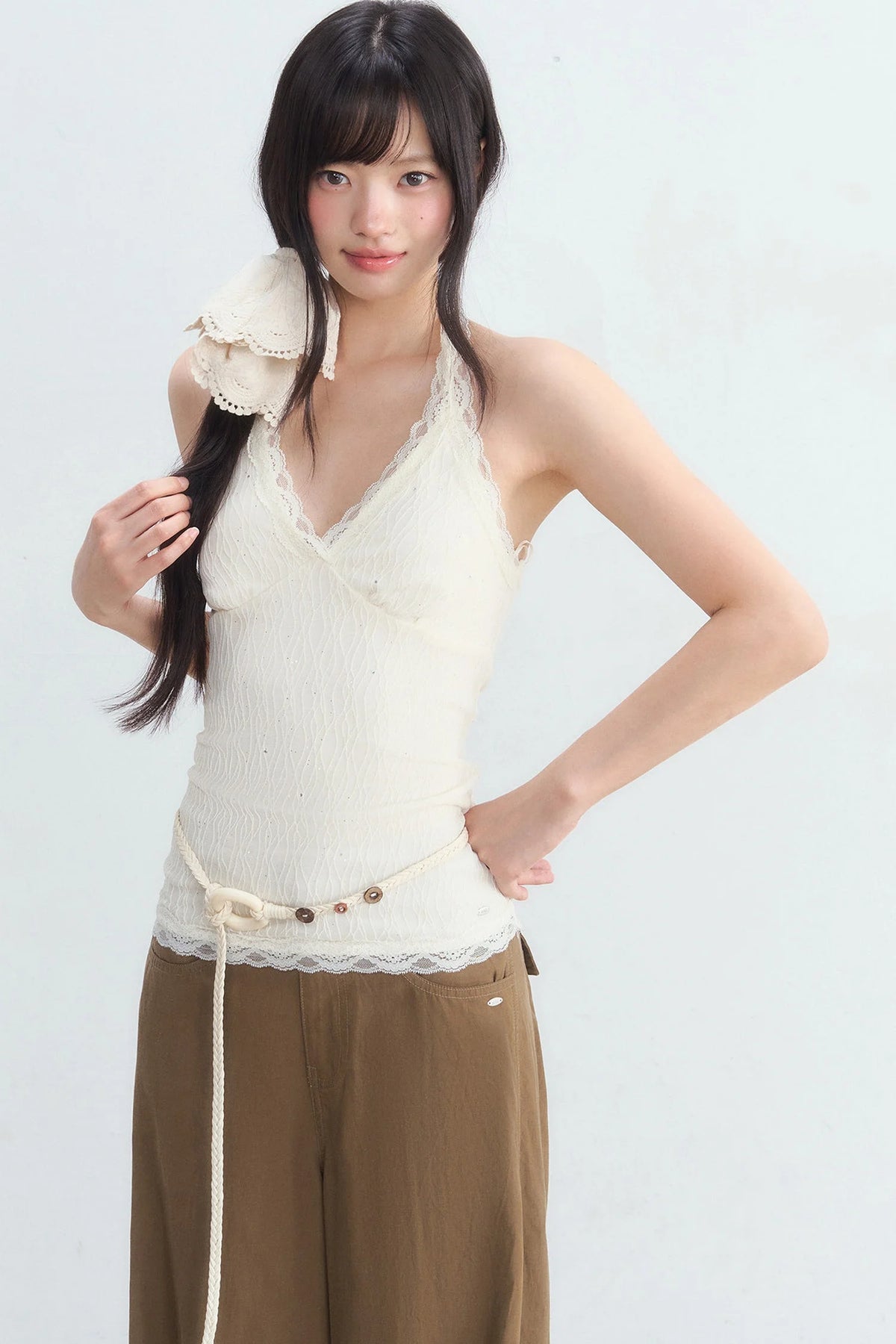 Textured Lace Halter Top And Trousers Set-Up