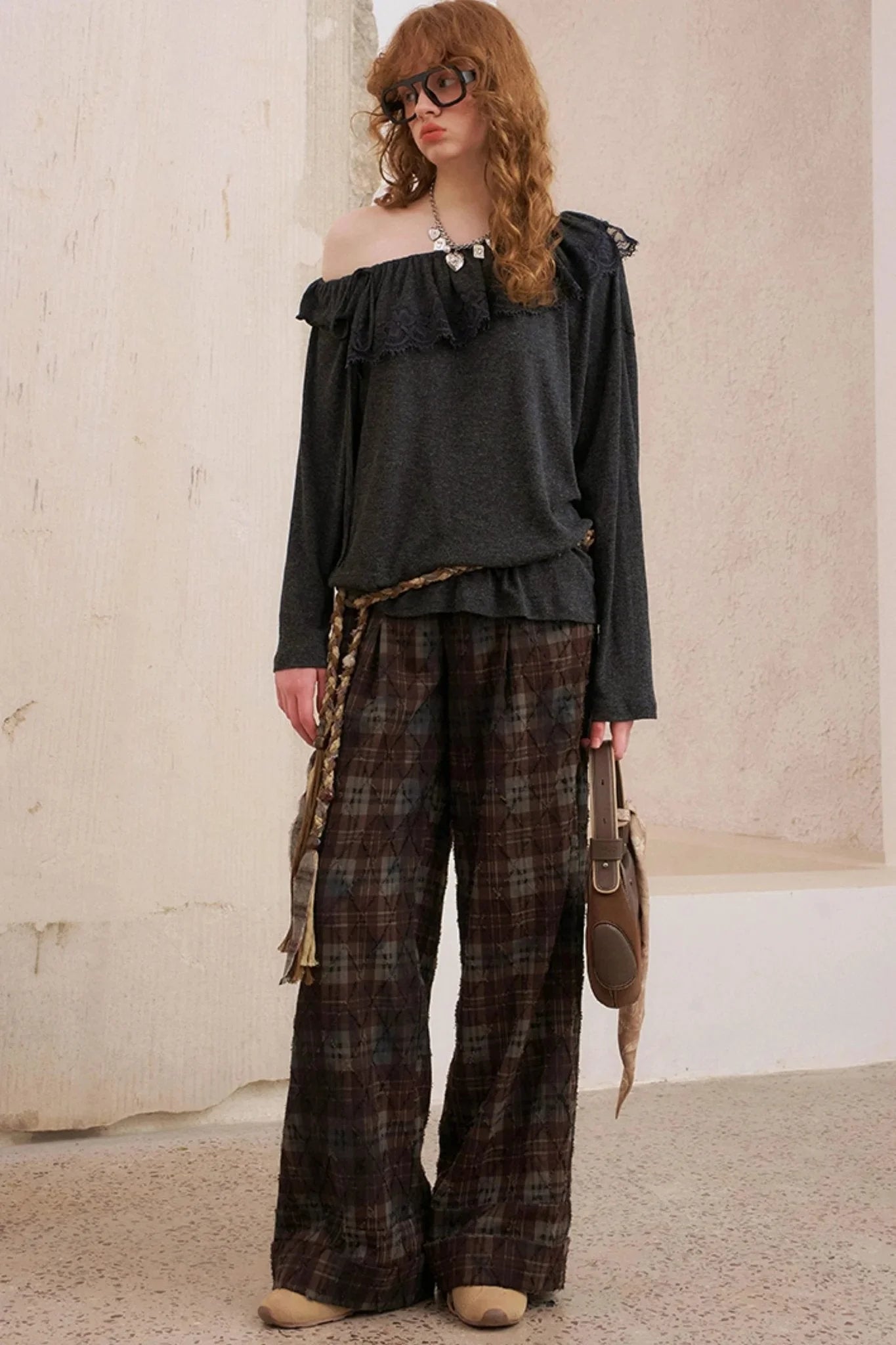 Textured Plaid Boho Slacks