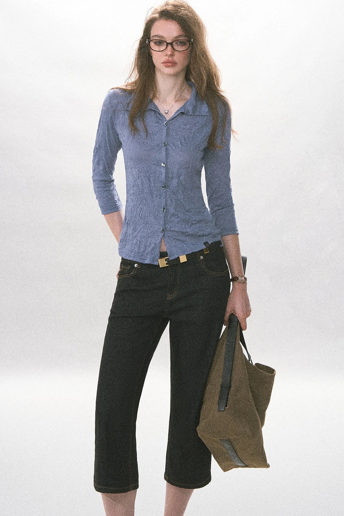 Textured Pleated Button Up Shirt