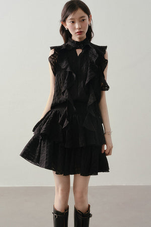 Textured Ruffle Collar Top And A-Line Skirt Set