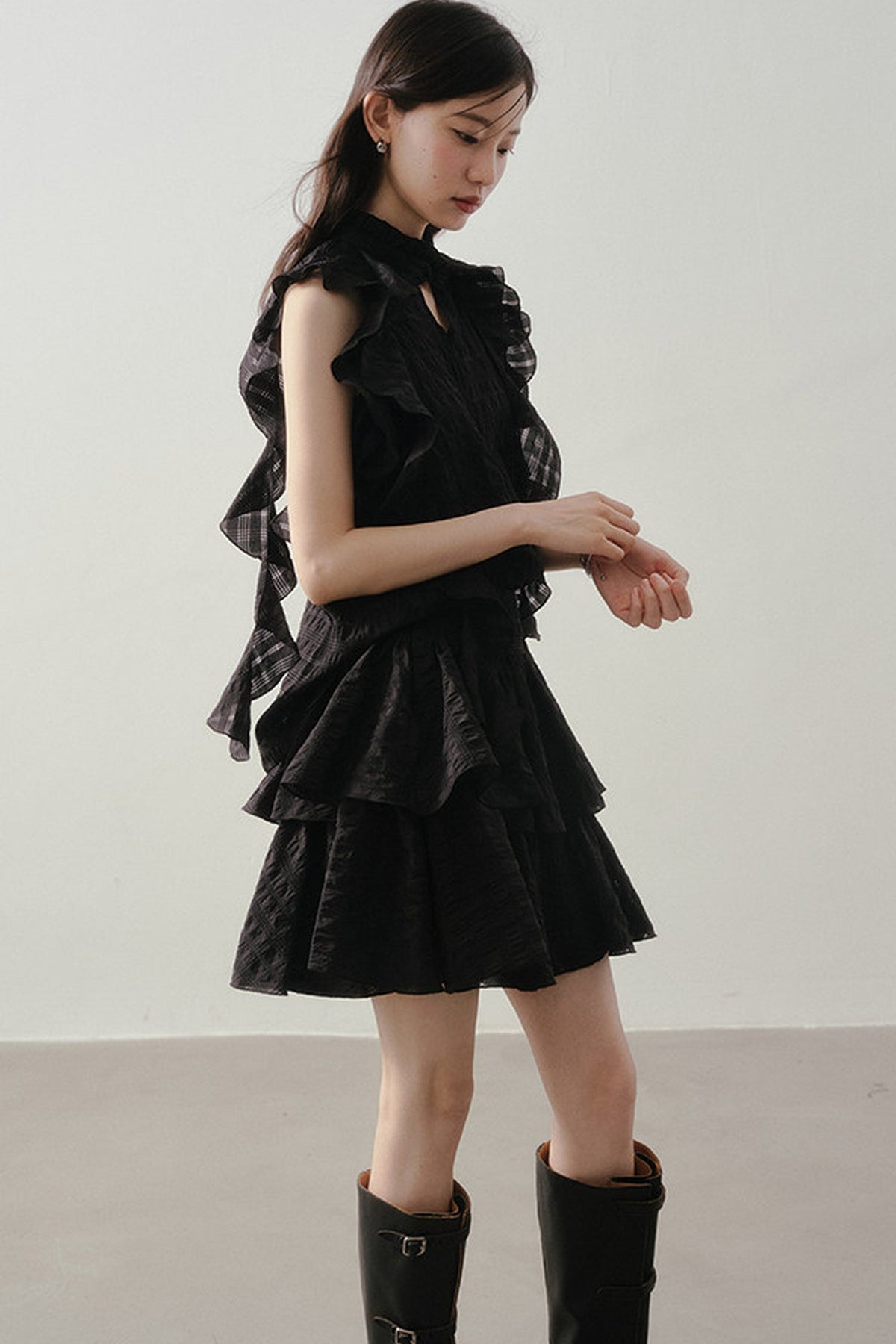 Textured Ruffle Collar Top And A-Line Skirt Set