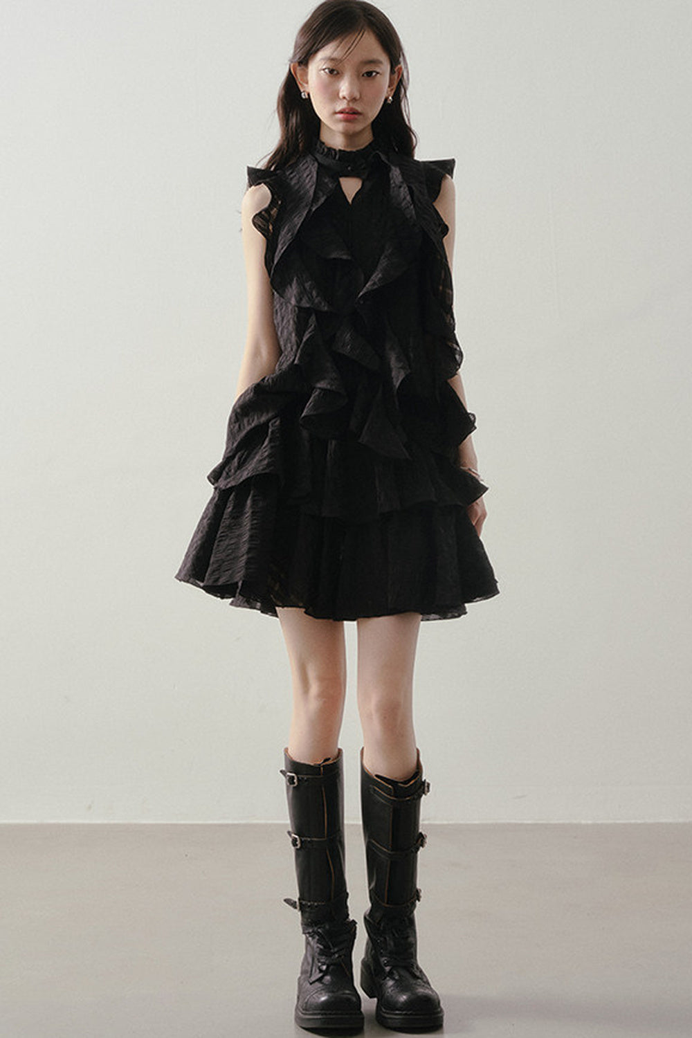 Textured Ruffle Collar Top And A-Line Skirt Set