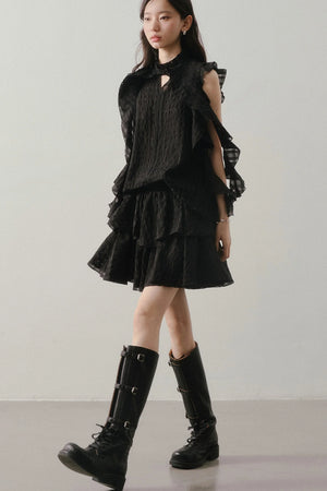 Textured Ruffle Collar Top And A-Line Skirt Set