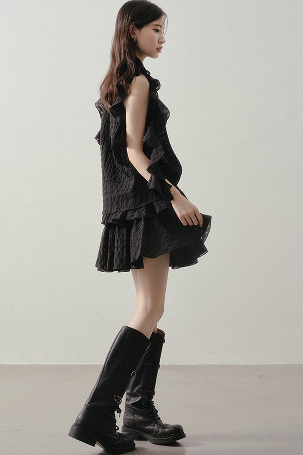 Textured Ruffle Collar Top And A-Line Skirt Set