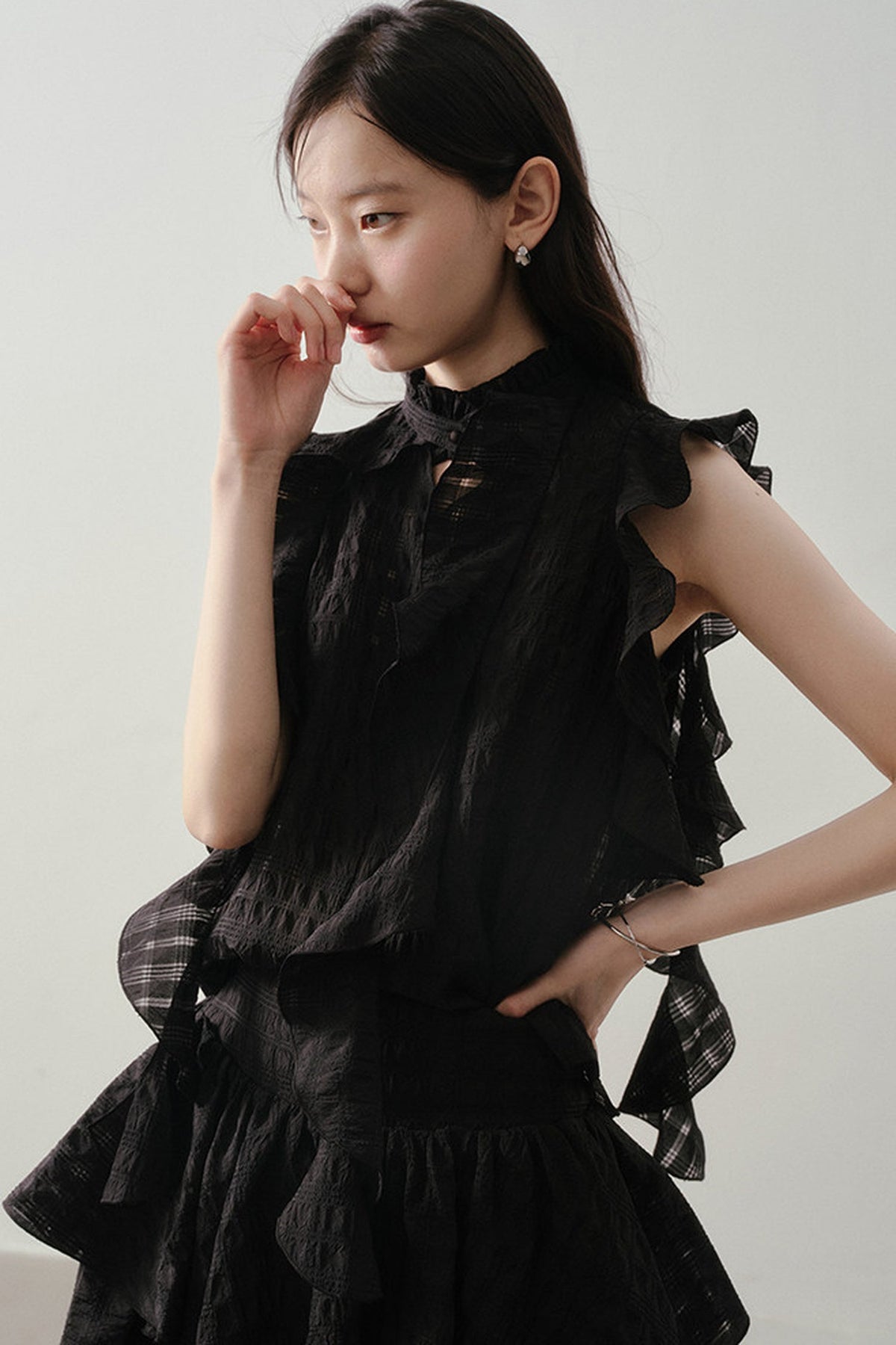 Textured Ruffle Collar Top And A-Line Skirt Set