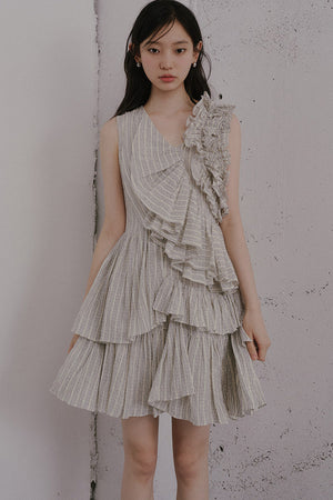 Textured Stripe Asymmetric Ruffle Dress