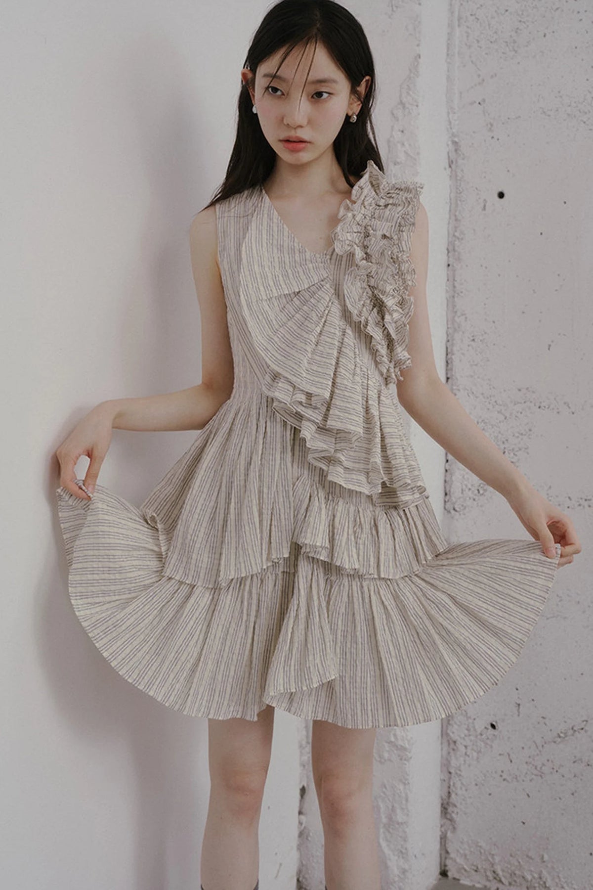 Textured Stripe Asymmetric Ruffle Dress