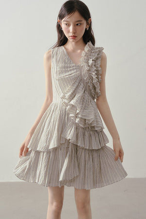 Textured Stripe Asymmetric Ruffle Dress
