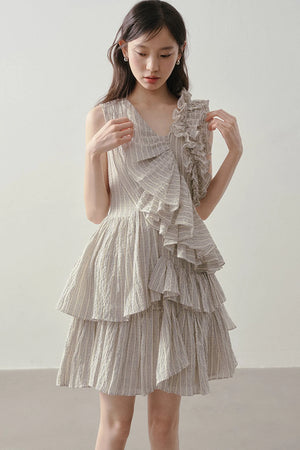 Textured Stripe Asymmetric Ruffle Dress