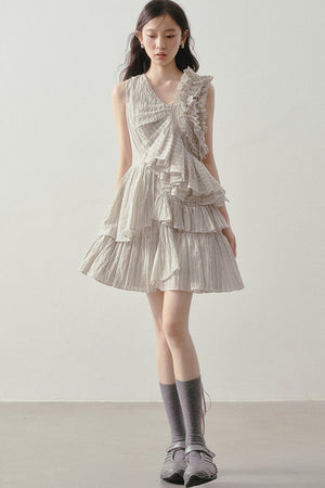 Textured Stripe Asymmetric Ruffle Dress