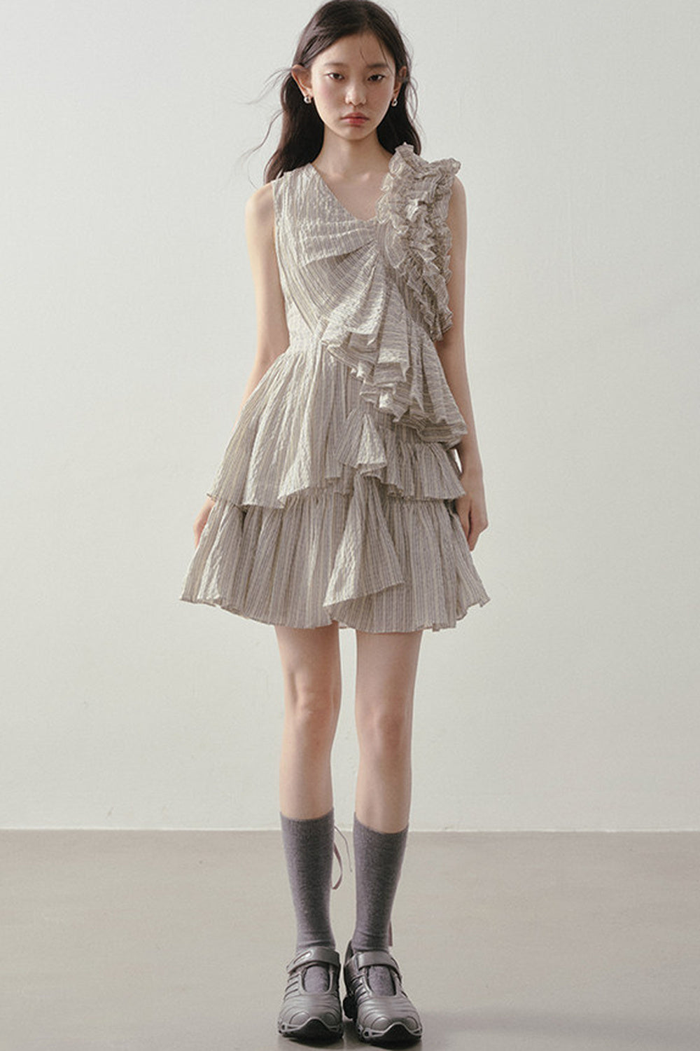 Textured Stripe Asymmetric Ruffle Dress