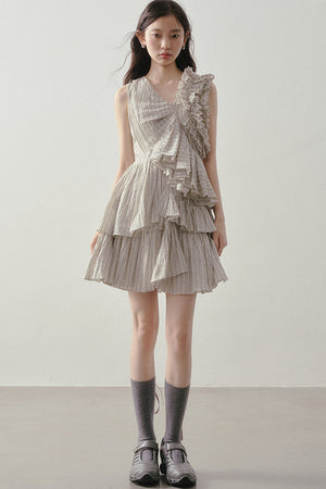 Textured Stripe Asymmetric Ruffle Dress