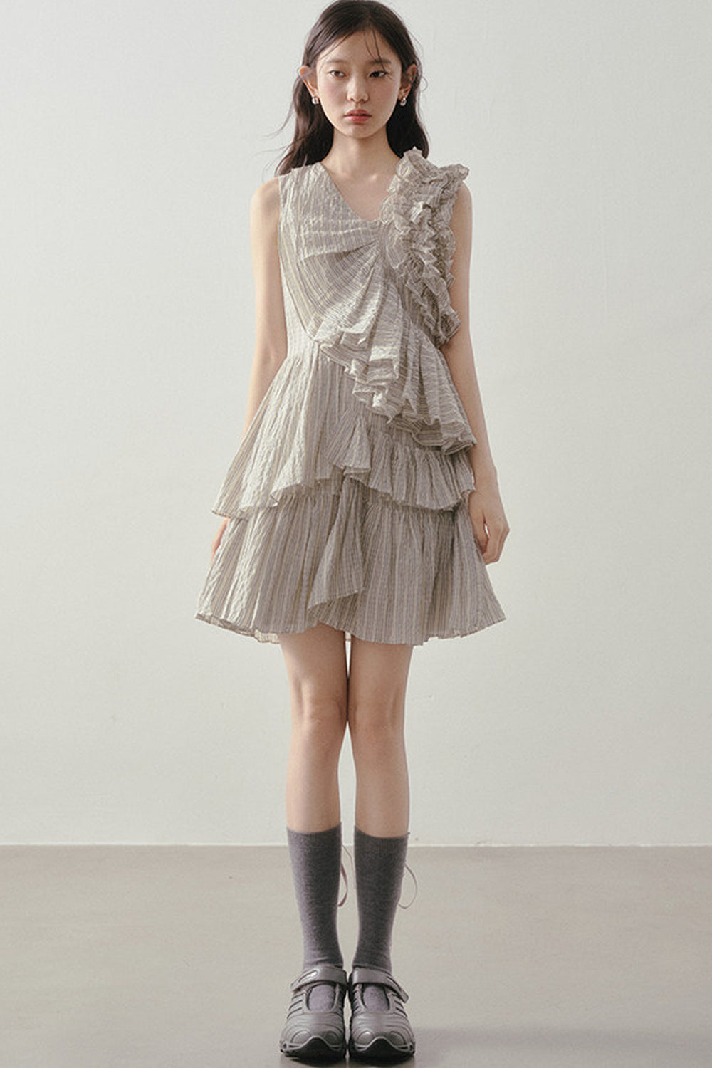Textured Stripe Asymmetric Ruffle Dress