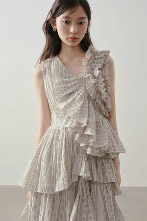 Textured Stripe Asymmetric Ruffle Dress
