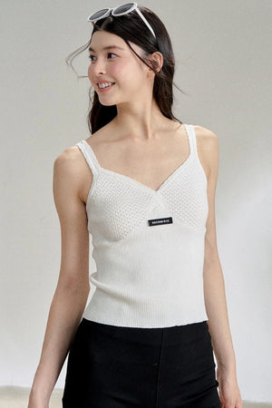Textured White V-Neck Knitted Suspender Top