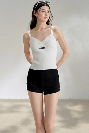 Textured White V-Neck Knitted Suspender Top