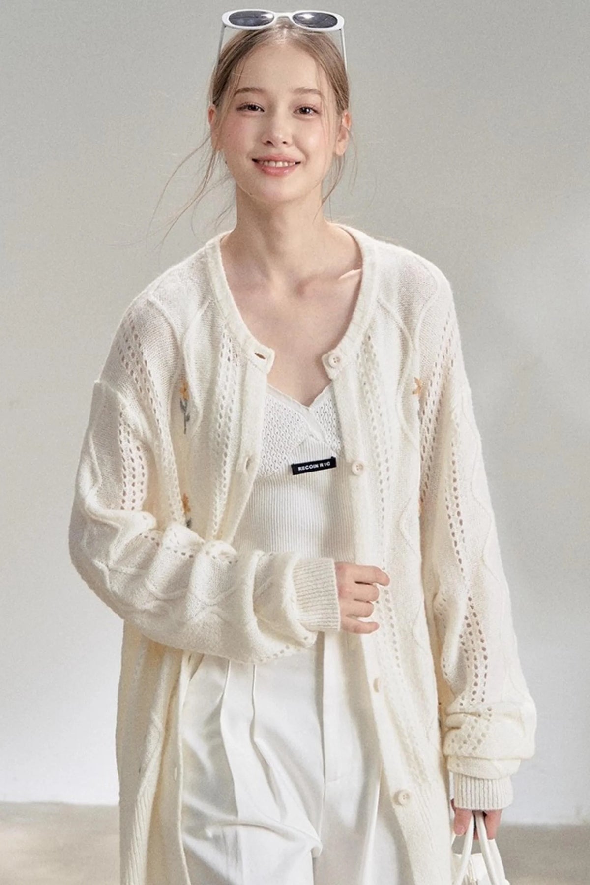 Textured White V-Neck Knitted Suspender Top