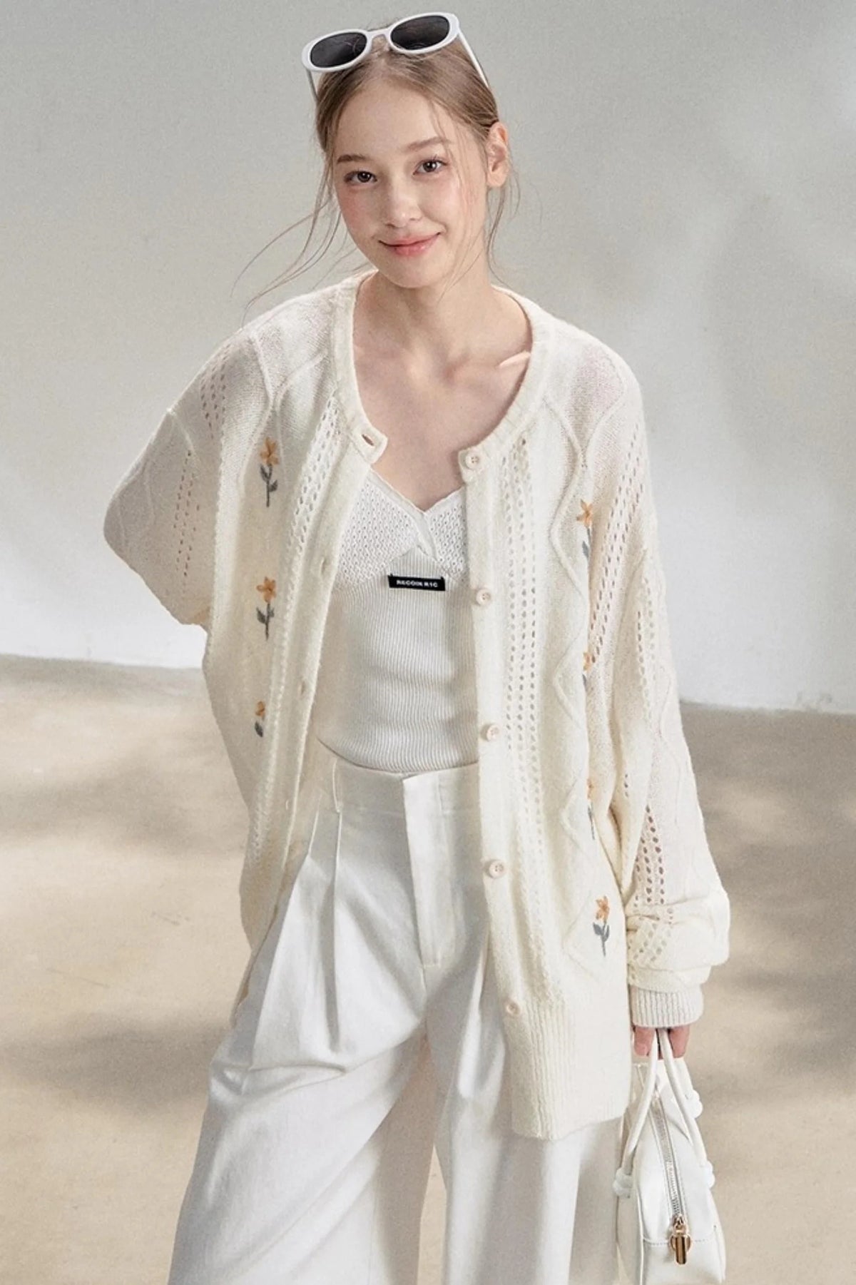 Textured White V-Neck Knitted Suspender Top