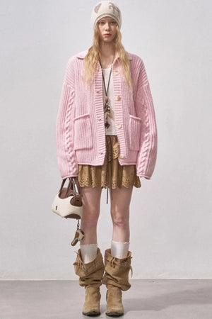 Thick Cable Knit Turtleneck Cardigan
