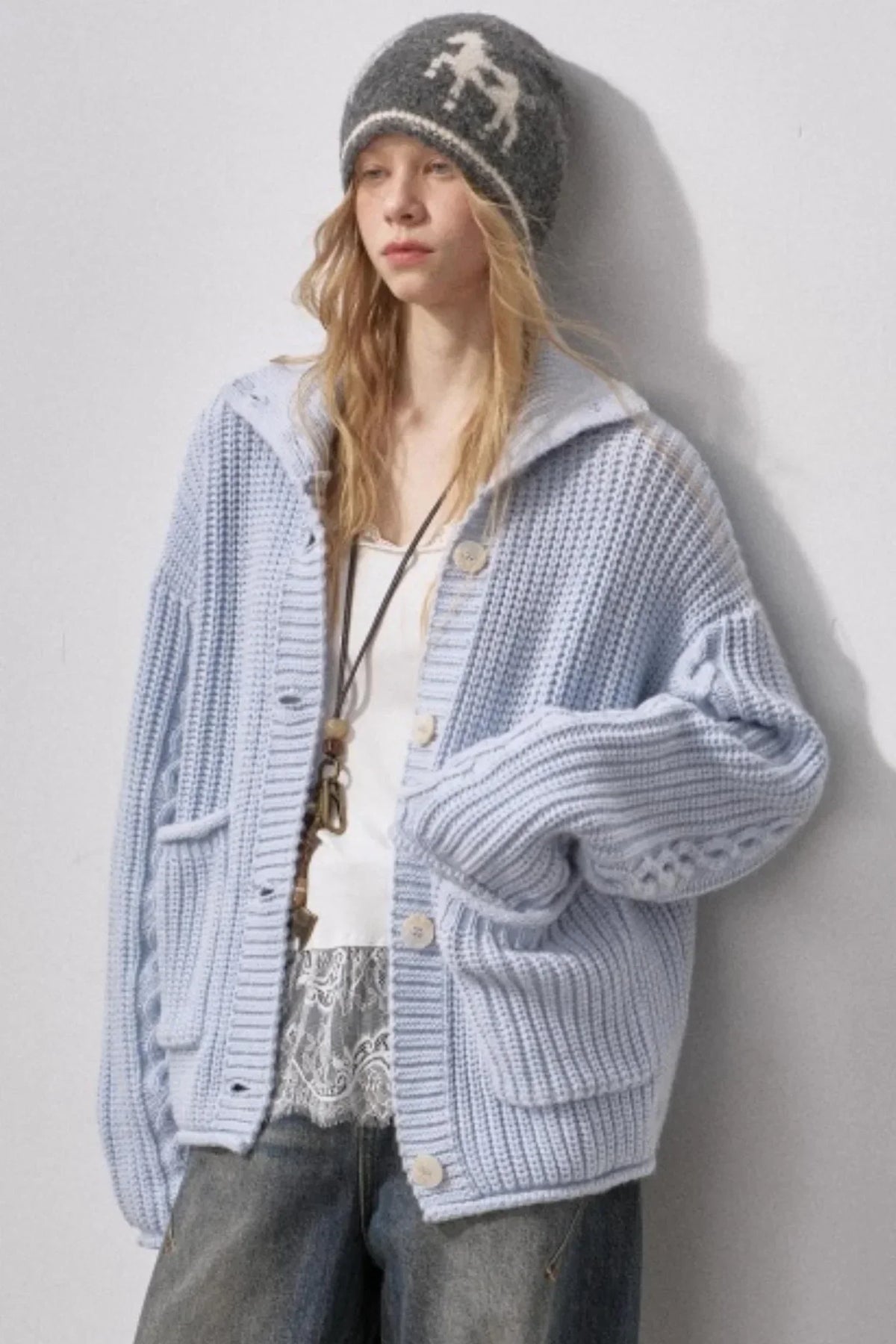 Thick Cable Knit Turtleneck Cardigan