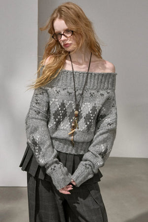 Thick Knit Argyle Off-Shoulder Sweater