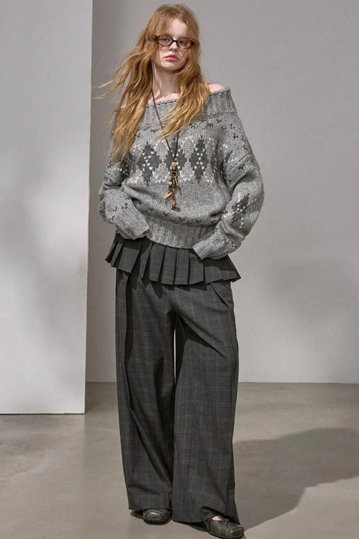 Thick Knit Argyle Off-Shoulder Sweater