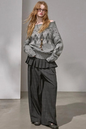 Thick Knit Argyle Off-Shoulder Sweater