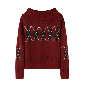 Thick Knit Argyle Off-Shoulder Sweater