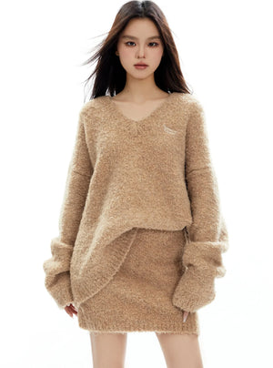 Thickened V-Neck Sweater And Slim Skirt Set