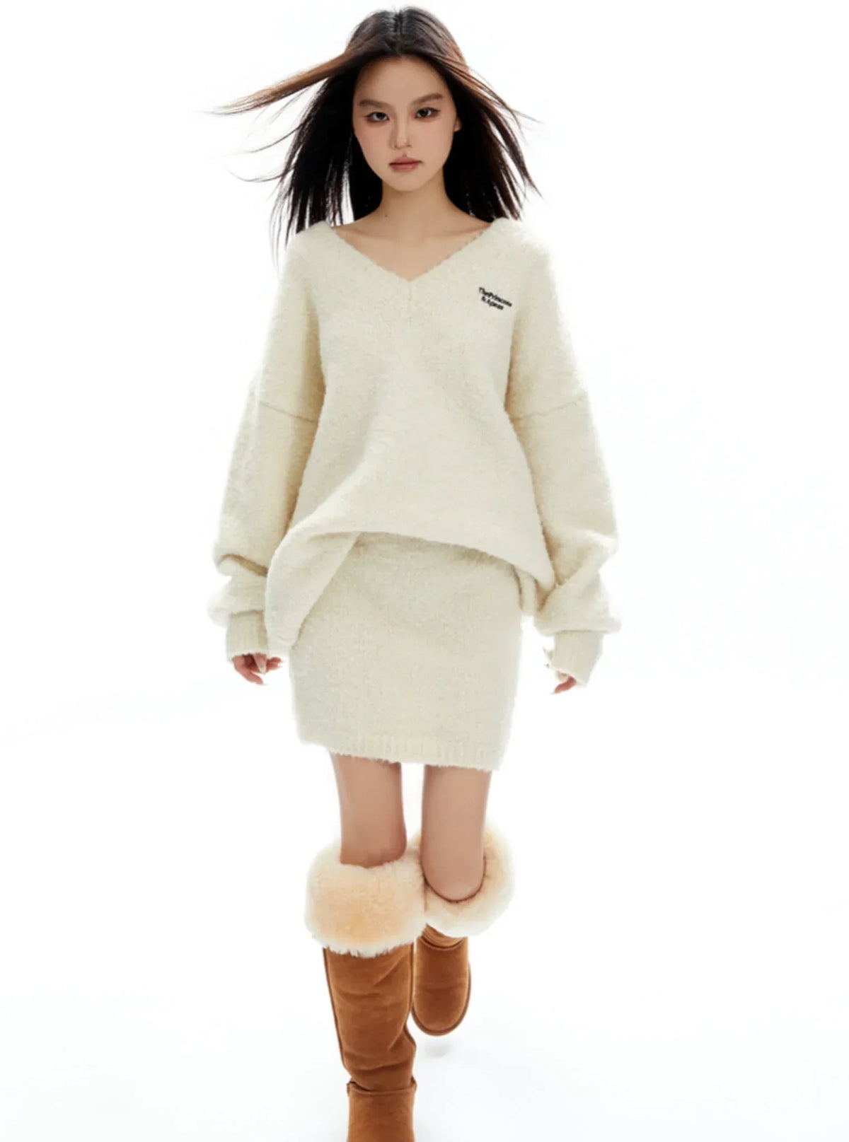 Thickened V-Neck Sweater And Slim Skirt Set