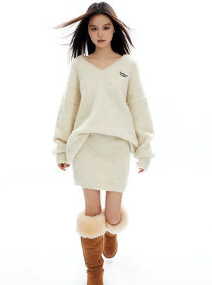 Thickened V-Neck Sweater And Slim Skirt Set