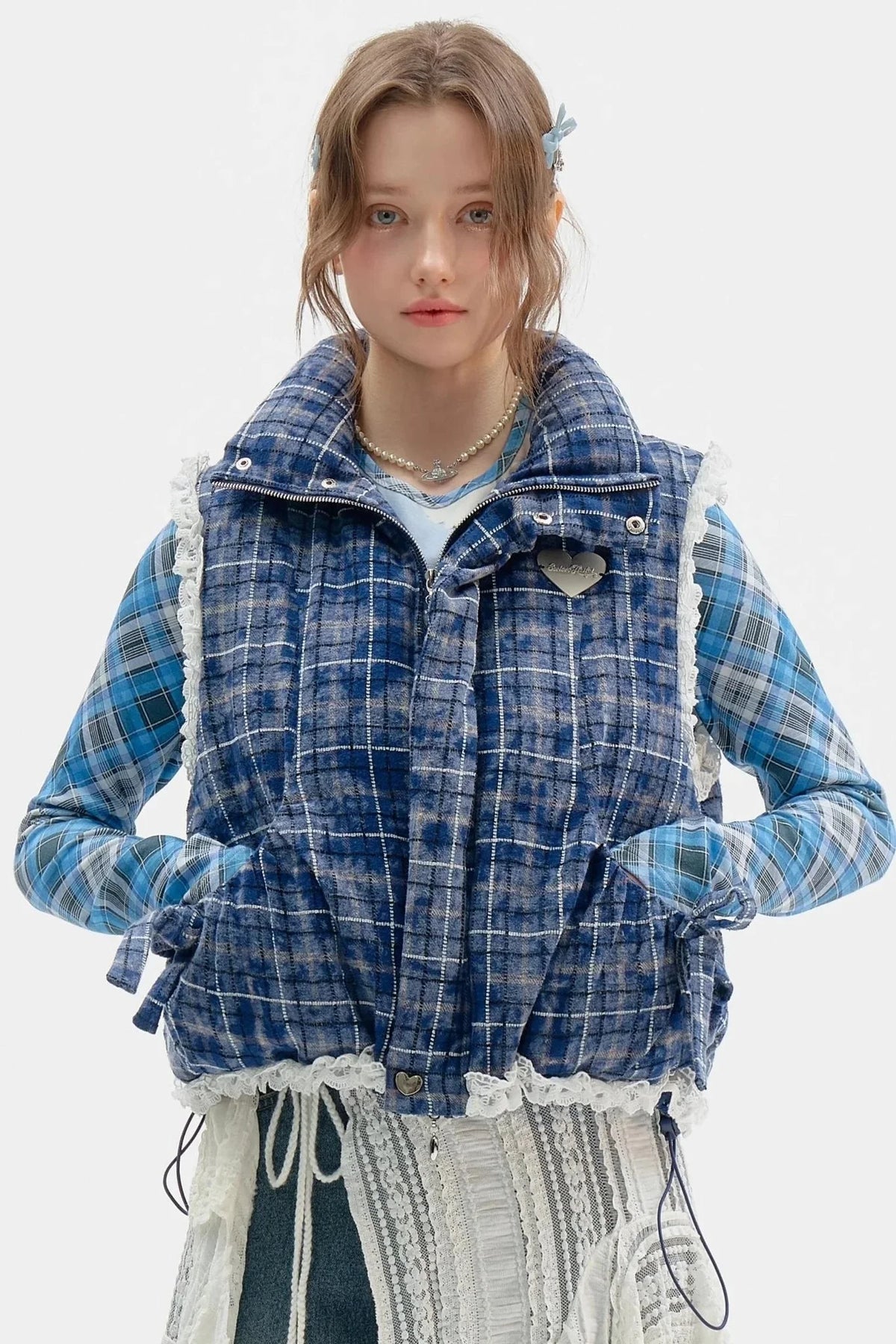 Thickened Velvet Blue Check Cotton Jacket