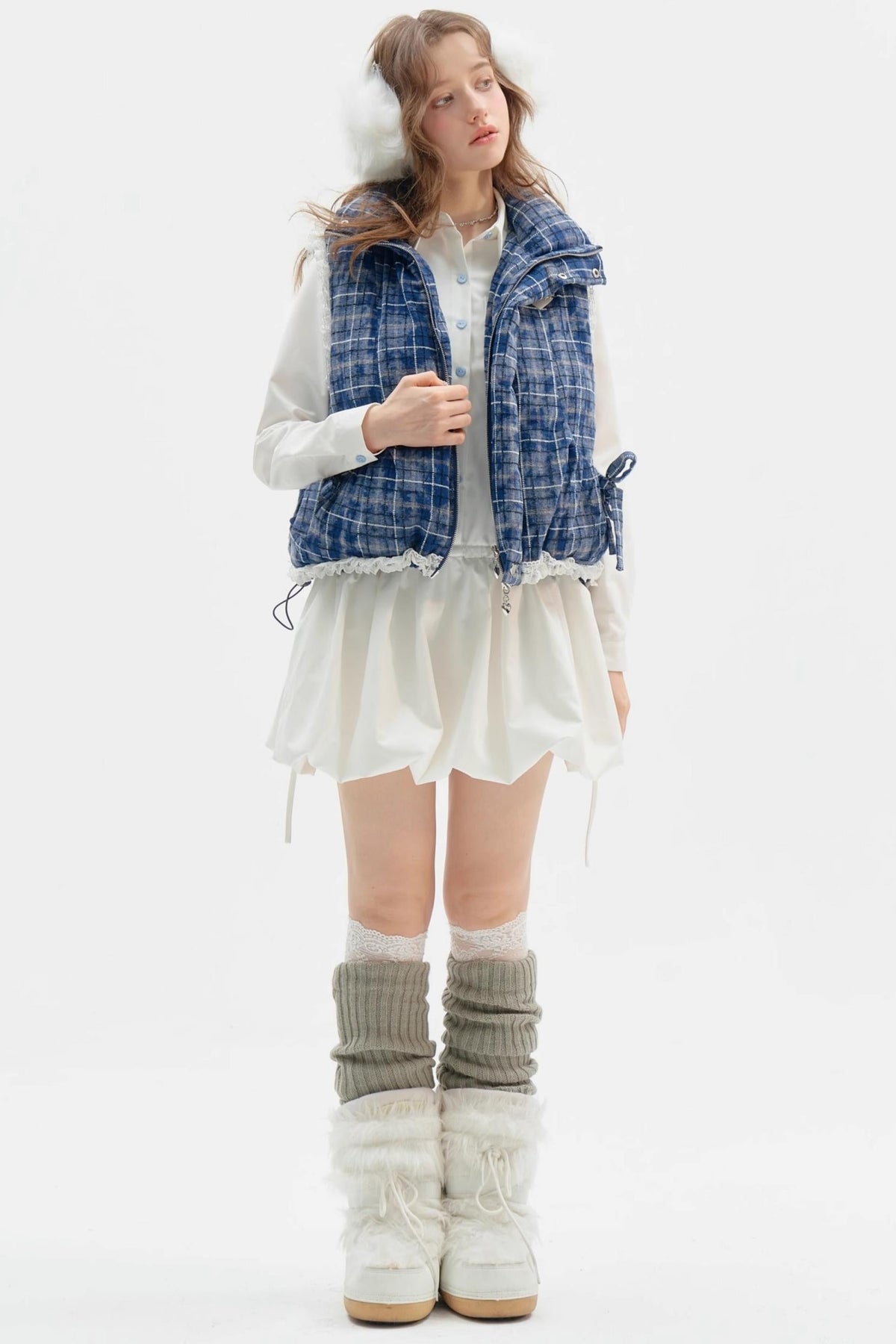 Thickened Velvet Blue Check Cotton Jacket