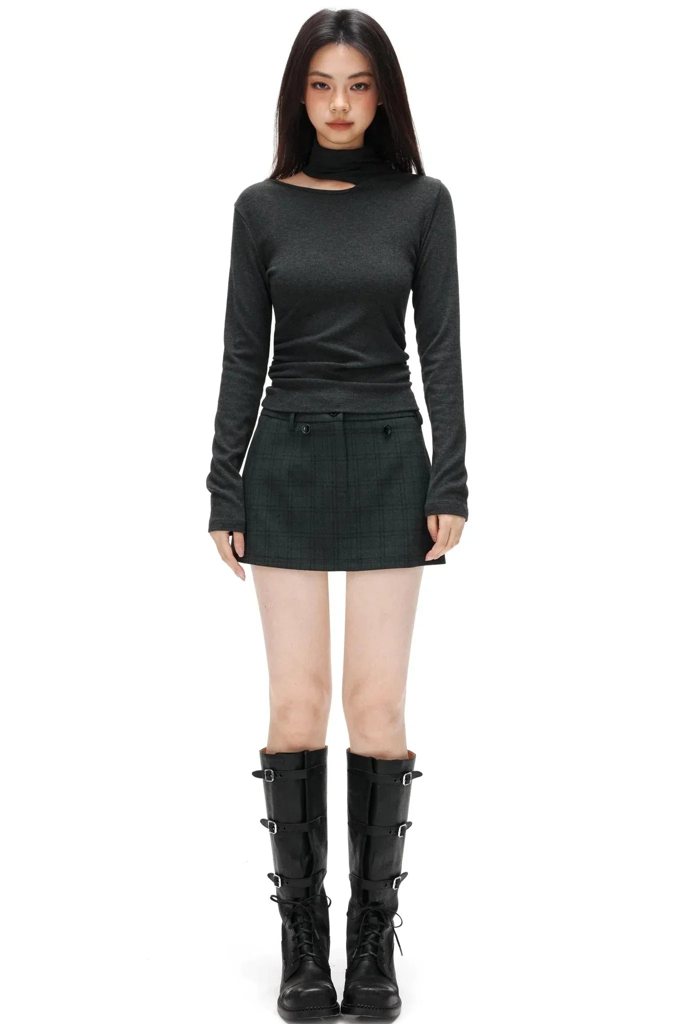 Thin Velvet Pleated Turtleneck Top