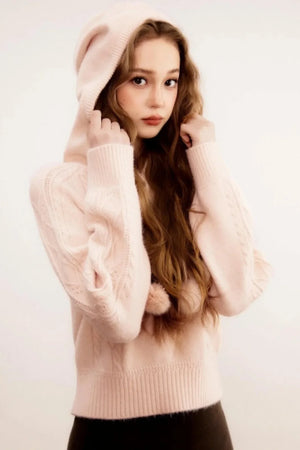 Three-Dimensional Cable Knit Hooded Sweater